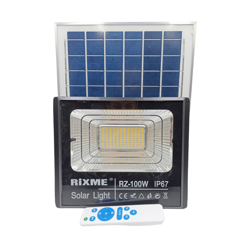 ds-rz-100w-1-1 Αδιάβροχος Ηλιακός Προβολέας 100W με Φωτοβολταϊκό Πάνελ, Τηλεκοντρόλ & Χρονοδιακόπτη - Solar Panel IP67 RIXME RX-100W Θερμό Λευκό - Image 1