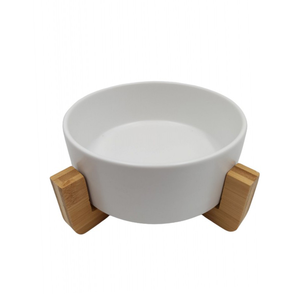 ds-ybty-5601-w-1 Ποτίστρα - Ταΐστρα Σκύλου Κεραμική σε Ξύλινη Βάση 13x5cm 300ml DS-104263 OEM Λευκό - Image 1